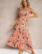 rosa Rochie Portocalie Florală din Viscoză cu Elastic în Talie și Cordon din Material Vikennia
