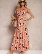 rosa Rochie Portocalie Florală din Viscoză cu Elastic în Talie și Cordon din Material Vikennia