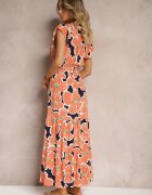 rosa Rochie Portocalie Florală din Viscoză cu Elastic în Talie și Cordon din Material Vikennia