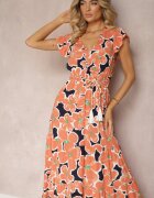 rosa Rochie Portocalie Florală din Viscoză cu Elastic în Talie și Cordon din Material Vikennia