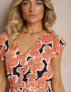 rosa Rochie Portocalie Florală din Viscoză cu Elastic în Talie și Cordon din Material Vikennia