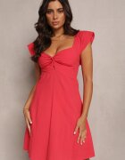 rosa Rochie Roșie Cloș Mini Din bumbac Cu mânecă scurtă și decupaj sub bust Tremael