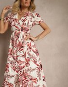 rosa Rochie roșie cu croială evazată cu decolteu în V cu imprimeu floral Evilessa