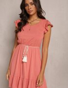 rosa Rochie roșie deschisă cu croială evazată din bumbac decorată cu volane Kadan