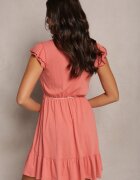 rosa Rochie roșie deschisă cu croială evazată din bumbac decorată cu volane Kadan