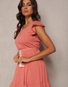 rosa Rochie roșie deschisă cu croială evazată din bumbac decorată cu volane Kadan