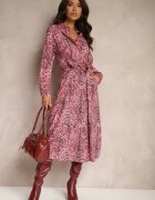 rosa Rochie Roșie din Bumbac cu Imprimeu Leopard cu Croială Tip Cămașă Legată în Talie Inoraelis