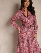 rosa Rochie Roșie din Bumbac cu Imprimeu Leopard cu Croială Tip Cămașă Legată în Talie Inoraelis