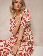 rosa Rochie Roșie din Viscoza cu croiala clos cu imprimeu floral Heledis