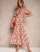 rosa Rochie Roșie din Viscoza cu croiala clos cu imprimeu floral Heledis