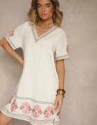 rosa Rochie Roșie Dreaptă din Bumbac cu Broderii Stil Boho Felkio
