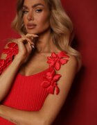 rosa Rochie Roșie Reiată cu Viscoză și Flori 3D Wennael