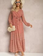 rosa Rochie Roșu-Roz Petrecută cu Volan și Cordon Legat Gjerana