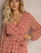 rosa Rochie Roșu-Roz Petrecută cu Volan și Cordon Legat Gjerana