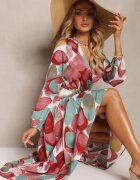 rosa Rochie Roșu-Verde din Viscoză cu Decolteu Triunghiular cu Elastic în Talie și Curea din Material Fiavena