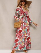 rosa Rochie Roșu-Verde din Viscoză cu Decolteu Triunghiular cu Elastic în Talie și Curea din Material Fiavena
