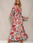 rosa Rochie Roșu-Verde din Viscoză cu Decolteu Triunghiular cu Elastic în Talie și Curea din Material Fiavena