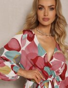 rosa Rochie Roșu-Verde din Viscoză cu Decolteu Triunghiular cu Elastic în Talie și Curea din Material Fiavena