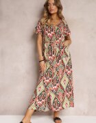 rosa Rochie Roșu-Verde Maxi cu Mânecă Scurtă și Șnur în Talie Nosine