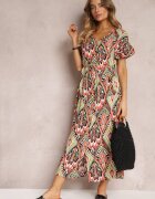 rosa Rochie Roșu-Verde Maxi cu Mânecă Scurtă și Șnur în Talie Nosine