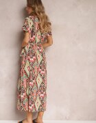rosa Rochie Roșu-Verde Maxi cu Mânecă Scurtă și Șnur în Talie Nosine
