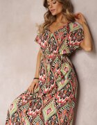 rosa Rochie Roșu-Verde Maxi cu Mânecă Scurtă și Șnur în Talie Nosine