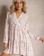rosa Rochie Roz-Albă Petrecută Mini cu Volan și Print Decorativ Oletia