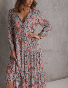 rosa Rochie Roz-Albastră cu Despicătură și Imprimeu Floral Phaelerine