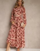 rosa Rochie roz evazată tip cămașă maxi florală Nersa