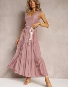rosa Rochie Roz Maxi cu Fason Cloș cu Șnur Decorativ și Decolteu Triunghiular Zornitsa