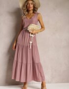 rosa Rochie Roz Maxi cu Fason Cloș cu Șnur Decorativ și Decolteu Triunghiular Zornitsa