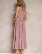 rosa Rochie Roz Maxi cu Fason Cloș cu Șnur Decorativ și Decolteu Triunghiular Zornitsa