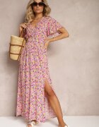 rosa Rochie Roză Tip Plic din Viscoză cu Centură din Material și Elastic în Talie cu Despicătură Vikali