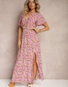 rosa Rochie Roză Tip Plic din Viscoză cu Centură din Material și Elastic în Talie cu Despicătură Vikali
