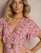 rosa Rochie Roză Tip Plic din Viscoză cu Centură din Material și Elastic în Talie cu Despicătură Vikali