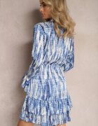 rosa Rochie Rozkloszată Albastră cu Model Acuarelă cu Volane Heava