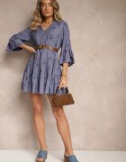 rosa Rochie Rozkloszowana Albastră din Viscoză Decorată cu Broderie și Volane Aliorra