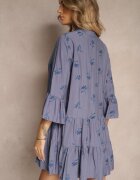 rosa Rochie Rozkloszowana Albastră din Viscoză Decorată cu Broderie și Volane Aliorra