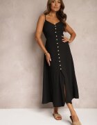 rosa Rochie Taliată Neagră cu Nasturi cu Bretele Ajustabile Quafea