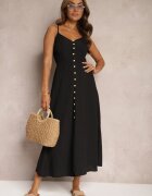 rosa Rochie Taliată Neagră cu Nasturi cu Bretele Ajustabile Quafea