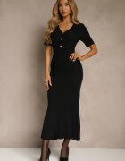 rosa Rochie talie neagră din Tricot cu Vâscoză cu nasturi la decolteu Fenittia