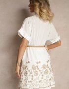 rosa Rochie tip cămașă Albă din bumbac cu croi cloș cu cordon și broderie Nalista