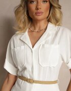 rosa Rochie tip cămașă Albă din bumbac cu croi cloș cu cordon și broderie Nalista