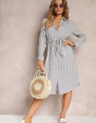 rosa Rochie tip cămașă Albastră din Bumbac în Dungi și cu Curea Legată Mayreli