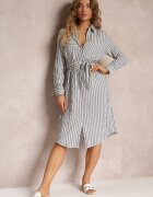 rosa Rochie tip cămașă Albastră din Bumbac în Dungi și cu Curea Legată Mayreli