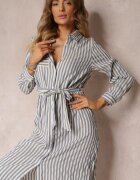 rosa Rochie tip cămașă Albastră din Bumbac în Dungi și cu Curea Legată Mayreli
