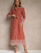 rosa Rochie Tip Cămașă Maro Deschis Decorată Cu Model Brodat Legată În Talie Tinnora