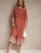 rosa Rochie Tip Cămașă Maro Deschis Decorată Cu Model Brodat Legată În Talie Tinnora