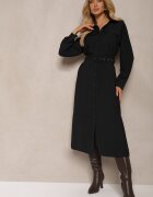rosa Rochie tip cămașă Neagră cu croială cloș cu centură și buzunare cu clape Rinnisa