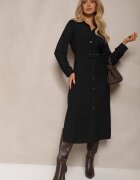 rosa Rochie tip cămașă Neagră cu croială cloș cu centură și buzunare cu clape Rinnisa